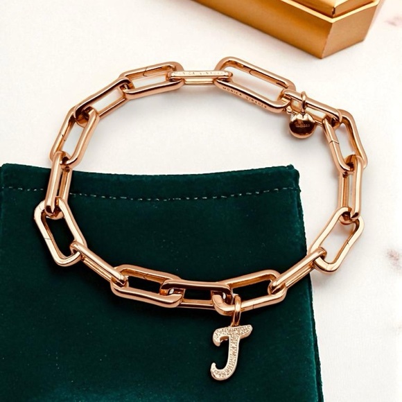 Monica Vinader 18K 925 Rose Gold Alta Diamond Charm Bracelet ~Letter J~ 7.5” - Picture 1 of 16